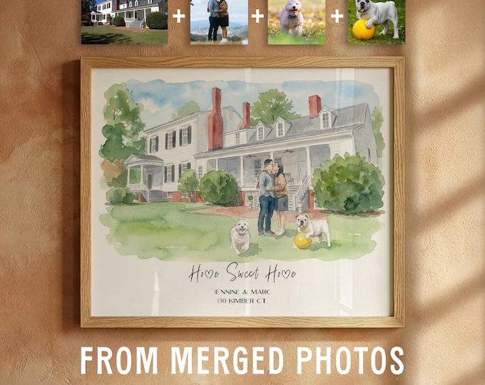 Custom House Portrait: Personalized Watercolor Style Print - Includes Owner and Pets
