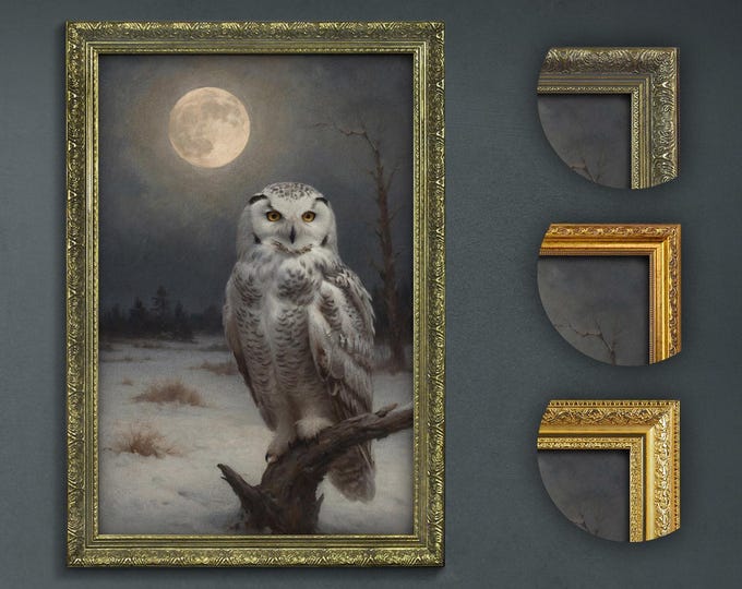 Snowy Owl Print: Gothic Winter Moonlit Scene, Dark Academia Art