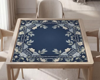 Personalized Mahjong Mat with Instructions (Rules), Navy Floral Design