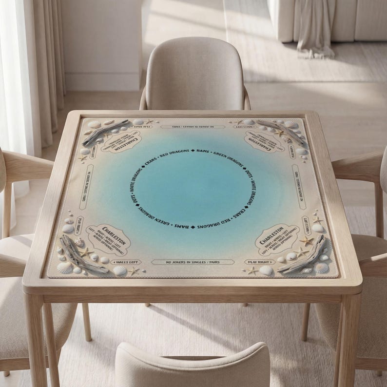 a square table with a blue circular design on its surface, surrounded by four chairs.