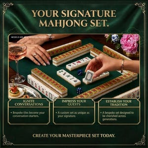The image is an advertisement for a mahjong set, featuring a person playing the game and a table with the game pieces and a glass of wine.
