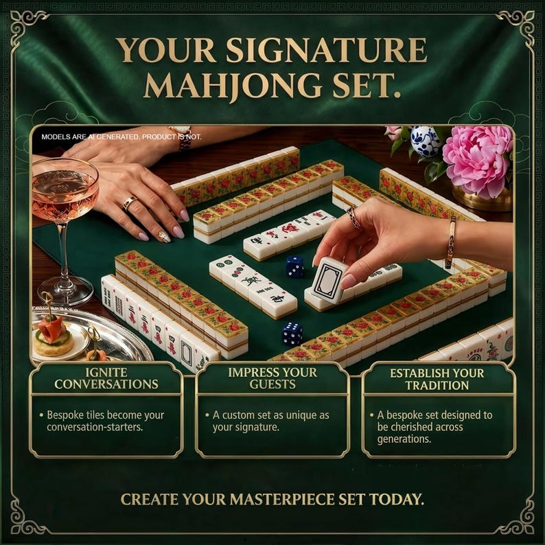 The image is an advertisement for a mahjong set, featuring a person playing the game and a table with the game pieces and a glass of wine.