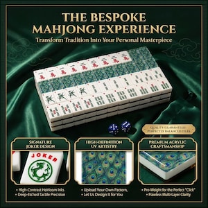 The image is an advertisement for a mahjong set, showcasing the pieces and their design.
