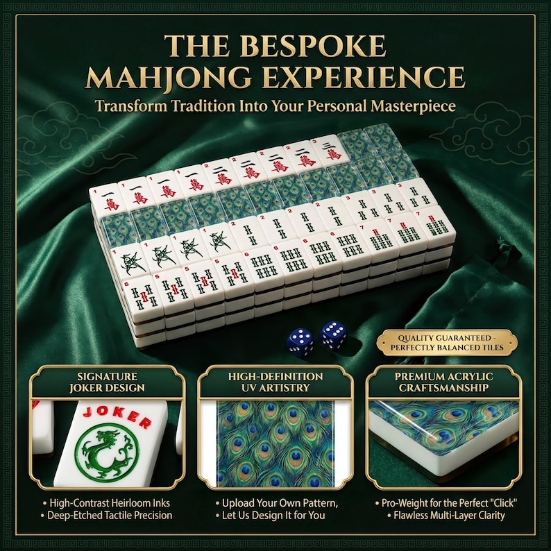 The image is an advertisement for a mahjong set, showcasing the pieces and their design.