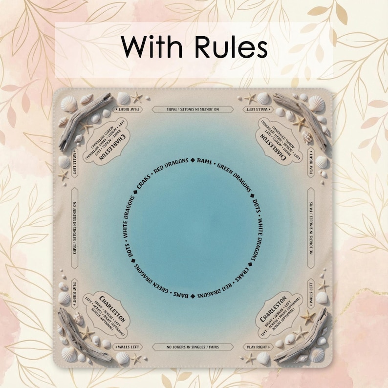 The image is a square with a blue background and a circular arrangement of various objects, including seashells, starfish, and driftwood, surrounding a central blue circle.