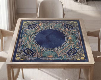Personalized Mahjong Mat, Dark Blue Art Deco, Gold Geometric Fans, Non-Slip