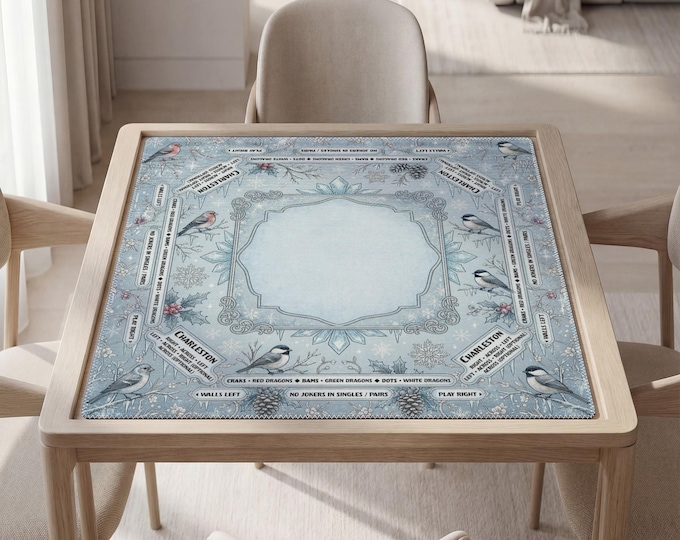 Personalized Winter Blue Mahjong Mat with Instructions (Rules): Botanical Birds