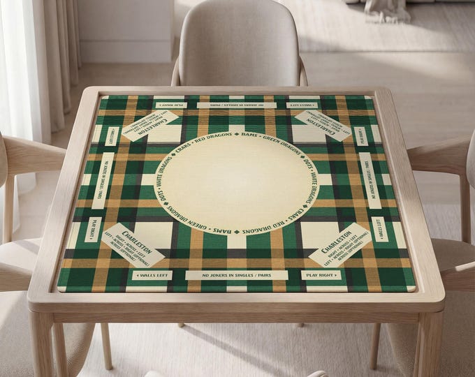 Personalized Mahjong Playing Mat with Instructions (Rules): Plaid Green and Beige