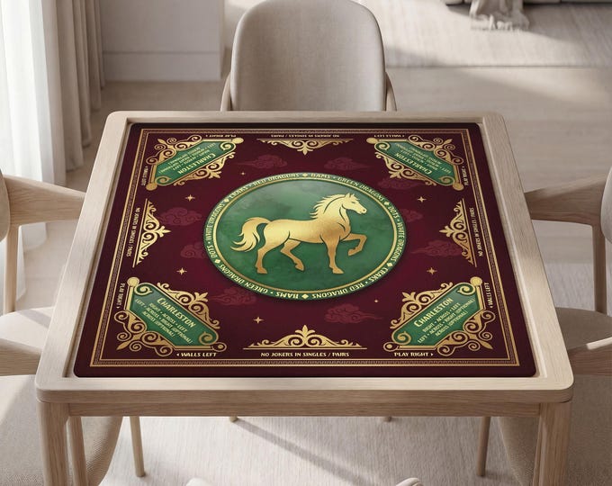 Personalized Mahjong Mat with Instructions (Rules), Horse Design, Non-Slip