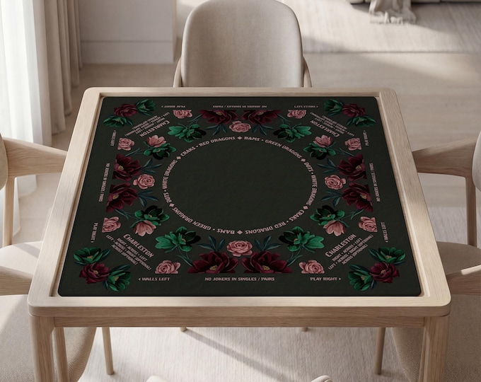 Fully Personalized Mahjong Mat with Instructions and Carry Bag, Dark Floral Design
