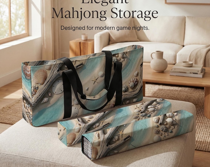 Coastal Beach Mahjong Tote Bag Set with Protective Tile and Rack Storage Sleeves