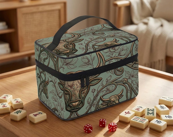 Mahjong Tile Case: Taurus Bull Design, Teal Floral (Travel Bag)