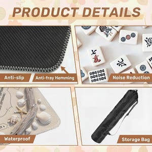 The image is a collage of four different product details, including a black anti-slip and anti-fray Hemming material, a set of Chinese tiles, a waterproof storage bag, and a noise reduction feature.