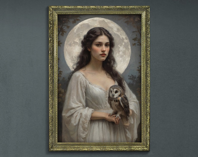 Moody Dark Wall Art, Woman and Owl Dark Academia Decor, Rustic Cottagecore Decor, Moody Cottagecore Wall Art, Dark Moody Framed Retro Art