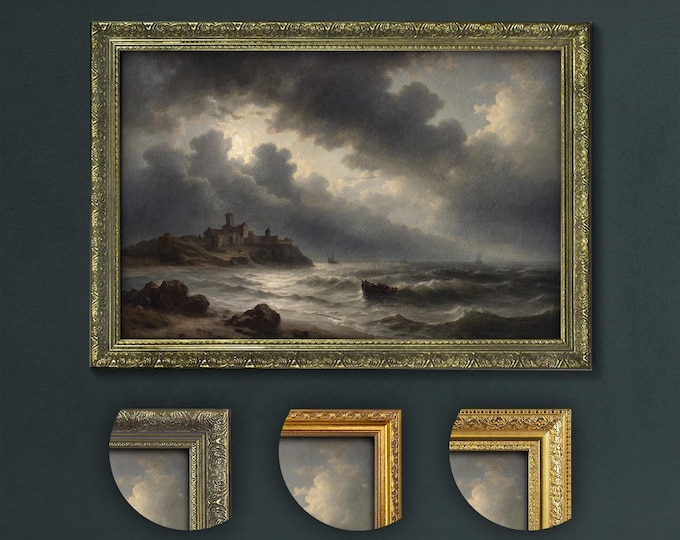 Stormy Seaside Castle Art Print, Dark Academia Decor, Dramatic Coastal Landscape, Rugged Waves Enigmatic Nautical Scene, Vintage Style Art