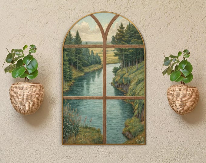 Arched River Landscape Canvas Art: Rustic Countryside Print