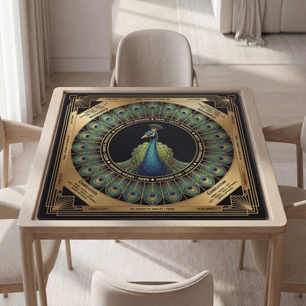 Personalized Mahjong Mat, Peacock Design, Soft Polyester | Non-Slip Backing, Carry Pouch
