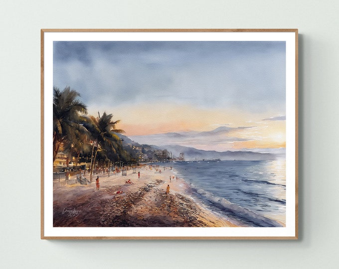 Puerto Vallarta Beach Watercolor Print Jalisco Mexico Art Premium Quality Travel Poster Artful Wall Decor Unframed Wall Art