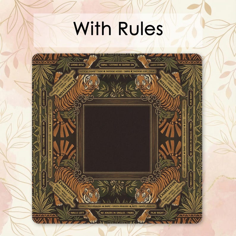 a decorative card with a tiger design, surrounded by ornate borders and patterns.