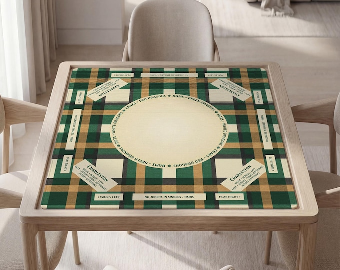 Custom Mahjong Playing Mat with Instructions: Plaid Green and Beige Design, Carry Bag Included