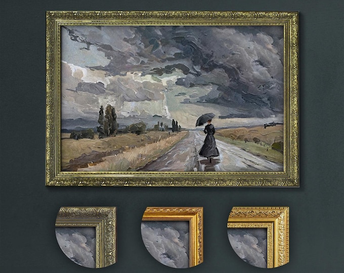 Stormy Landscape Art Print, Dark Academia Wall Art, Solitary Woman with Umbrella, Moody Sky, Romantic Aesthetic, Vintage Style Home Decor