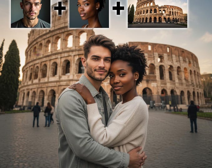 Custom Couple Portrait: Realistic Travel Photo Merge