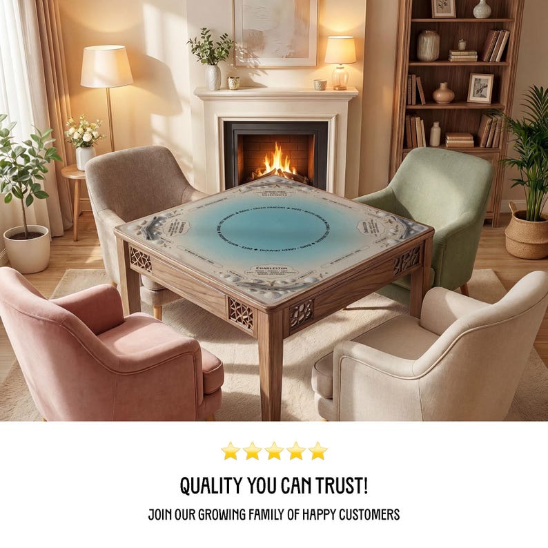 a cozy living room with a fireplace, a square table with chairs around it, and various decorative elements such as potted plants and vases.