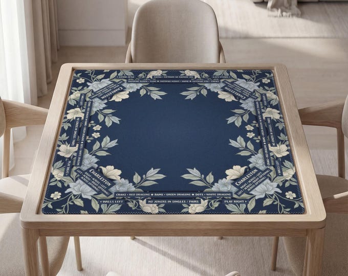 Personalized Mahjong Mat with Instructions (Rules), Navy Floral Design