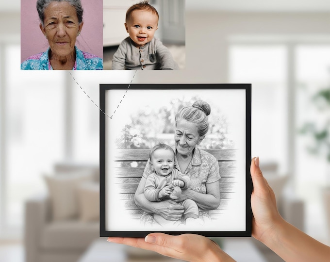 Custom Grandparent Portrait: Black & White Pencil Drawing