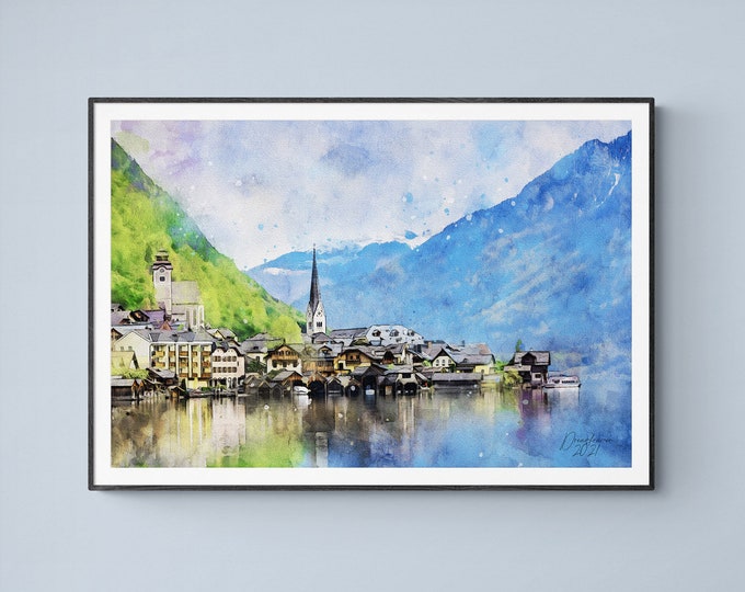 Hallstatt Austria Watercolor Print Austria Art Premium Quality Travel Poster Artful Wall Decor Unframed Wall Art