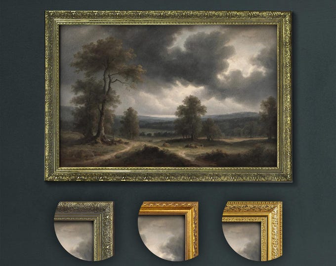 Stormy Landscape, Dark Sky Over Tranquil Fields, Dramatic Clouds Art Print, Dark Academia Nature Decor, Atmospheric Countryside View