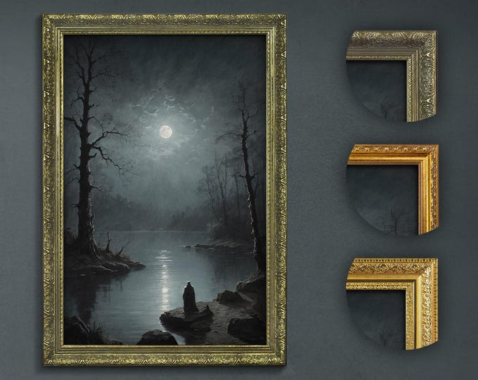 Mystical Moonlit Lake Art, Gothic Dark Academia Decor, Vintage Style Nature Print, Enigmatic Moonlight Forest Scene, Luxurious Home Decor