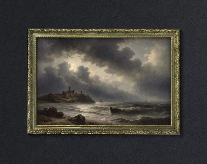 Moody Dark Seascape, Stormy Scene, Dark Academia Decor, Rustic Cottagecore Decor, Moody Cottagecore Wall Art, Dark Moody Framed Retro Art