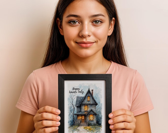 Happy Haunts Only – Haunted House Halloween Affirmational Watercolor Wall Art, 5x7 in (13x18 cm)