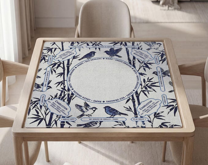 Personalized Mahjong Mat with Instructions (Rules) - Blue White Bamboo & Sparrows