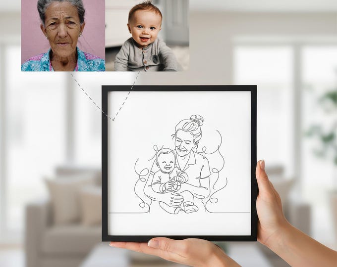 Minimalist One Line Portrait, Grandparent and Grandchild (Custom Digital Download), Done in 24 Hours