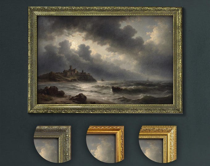 Stormy Seaside Castle Art Print: Dark Academia Coastal Landscape