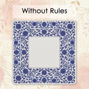 a square frame with a blue floral pattern around the edges, set against a background with pink and white floral designs.