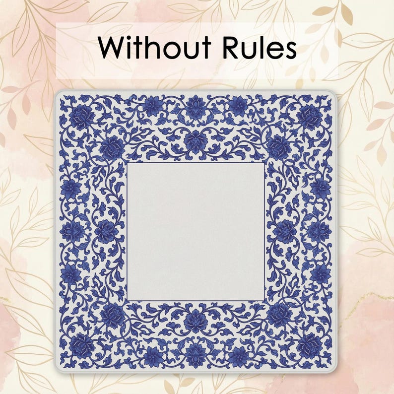 a square frame with a blue floral pattern around the edges, set against a background with pink and white floral designs.