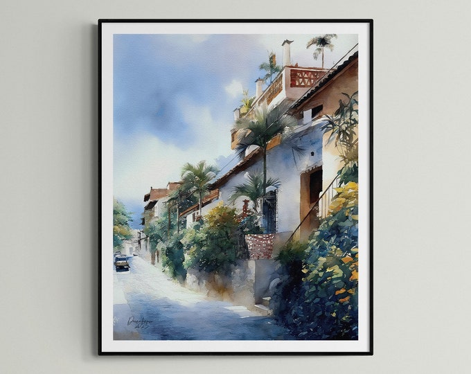 Puerto Vallarta Old Town Watercolor Print Mexico Art Premium Quality Travel Poster Artful Wall Decor Unframed Wall Art