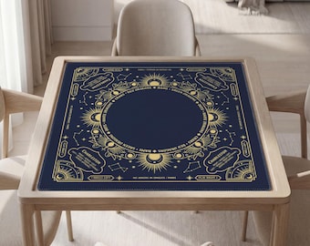 Personalized Mahjong Mat with Instructions (Rules): Celestial Navy and Gold Design