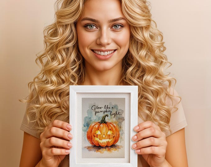 Glow Like a Pumpkin Light – Halloween Affirmational Watercolor Wall Art Gift, 5x7 in (13x18 cm)
