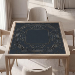 Personalized Mahjong Mat, Navy Floral, Rules Guide, Polyester, Non-Slip
