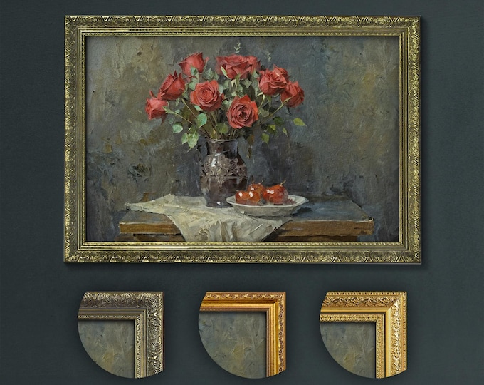 Victorian Roses Still Life Art Print, Dark Academia Floral Decor, Gothic Red Roses in Vase, Moody Antique Inspired Flower Painting