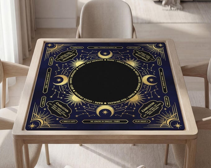 Personalized Celestial Mahjong Mat with Rules, Navy Gold, Non-Slip, Bag Included