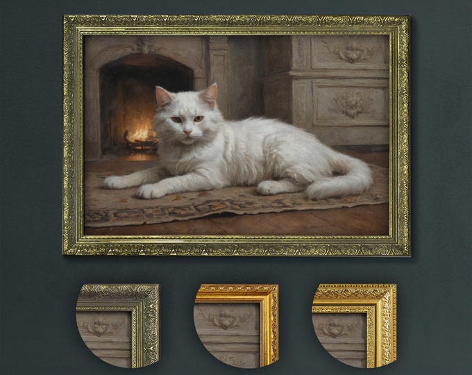 Sleepy White Cat by Cozy Fireplace, Serene Cat Art Print, Dark Academia Home Decor, Vintage Style Feline Portrait, Classic Animal Wall Art
