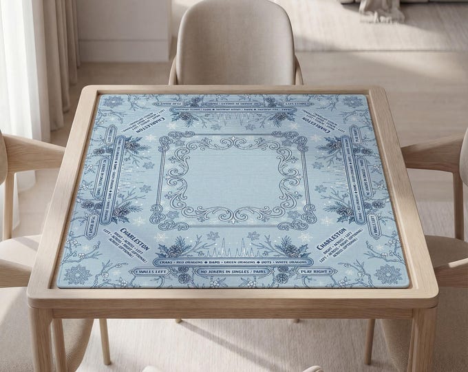 Mahjong Mat with Instructions: Winter Blue Botanical Pattern (Custom Text, Non-Slip)