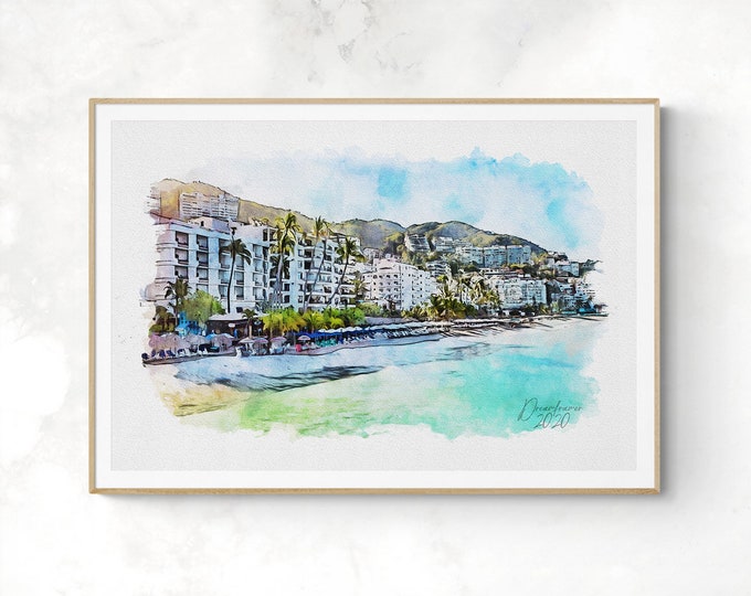 Puerto Vallarta Beach Watercolor Print Jalisco Mexico Art Premium Quality Travel Poster Artful Wall Decor Unframed Wall Art