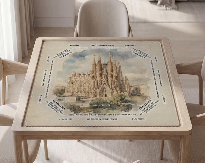 Personalized Mahjong Mat with Instructions (Rules), Barcelona Sagrada Familia Art