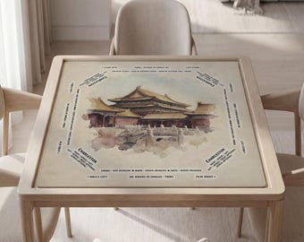 Custom Mahjong Mat, Forbidden City Watercolor, Black Polyester, Quiet Surface